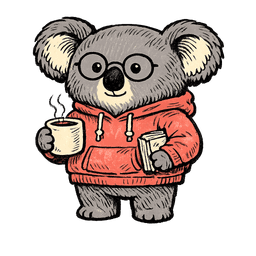 Frosty the koala in a coral hoodie holding a coffee mug — the staff-engineer chill veteran