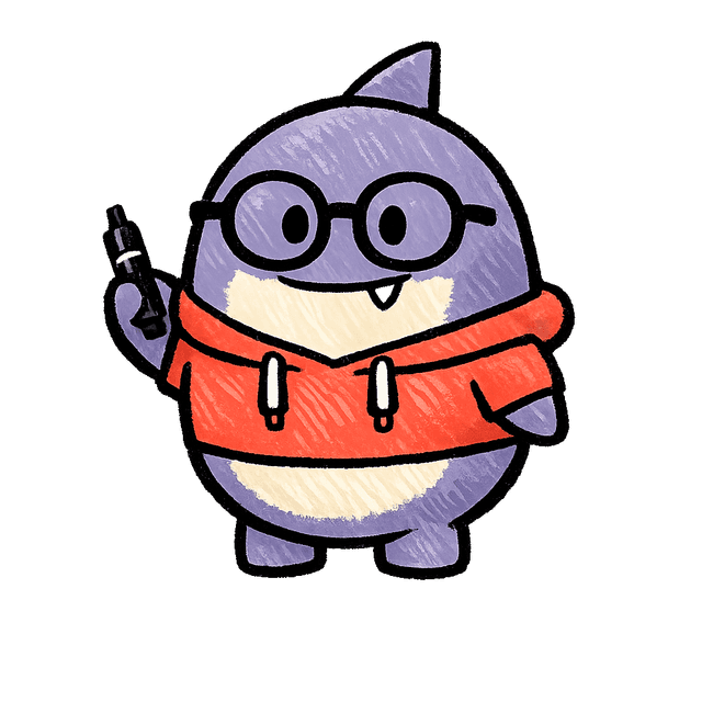 Fin the shark in a coral hoodie holding a marker — the DSA coach and squad lead